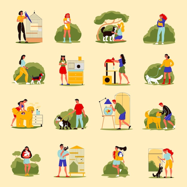 Personas mascotas conjunto de íconos aislados con personajes humanos estilo garabato de maestros con sus mascotas ilustración vectorial