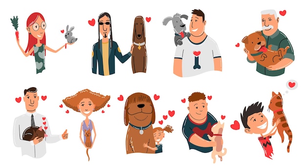 Vector personas y mascotas personajes de dueños de mascotas de gatos, perros y conejos hombres y mujeres tomados de la mano de sus animales la gente ama a sus animales lindos y adorables animales domésticos