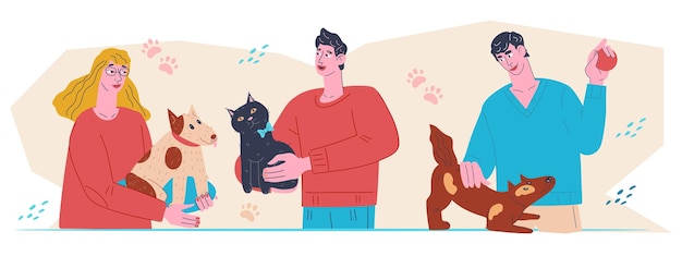 Personas con mascotas en el servicio veterinario o banner de tienda vector plano aislado