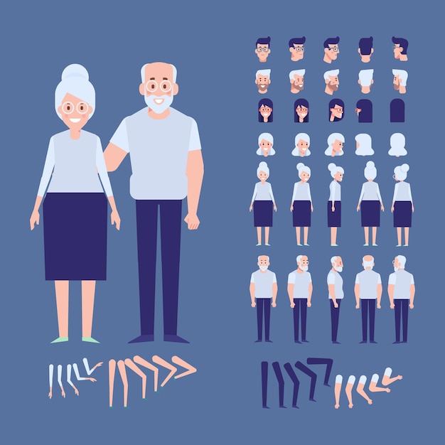 Personas mayores para animación abuela y abuelo personajes de dibujos animados de vector plano