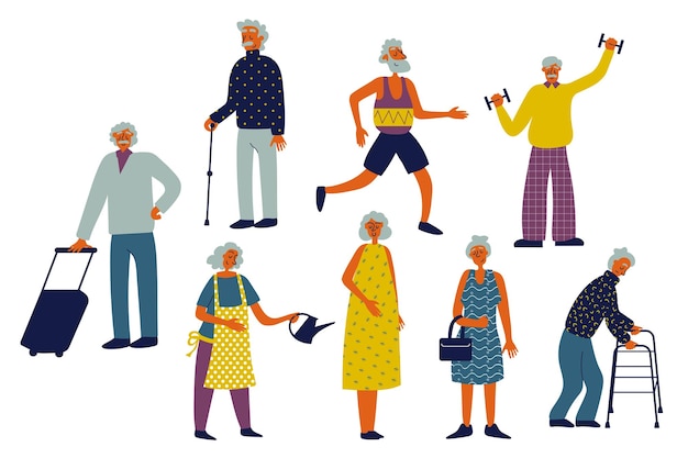 Personas mayores configuradas en diseño de caracteres planos para la web Personas de diferentes edades Mujeres y hombres que viajan haciendo ejercicio haciendo rutina diaria Humano discapacitado caminando con bastón Ilustración vectorial