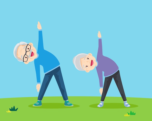 Vector personas mayores y gimnasia pareja de ancianos abuelos haciendo ejercicios de yoga