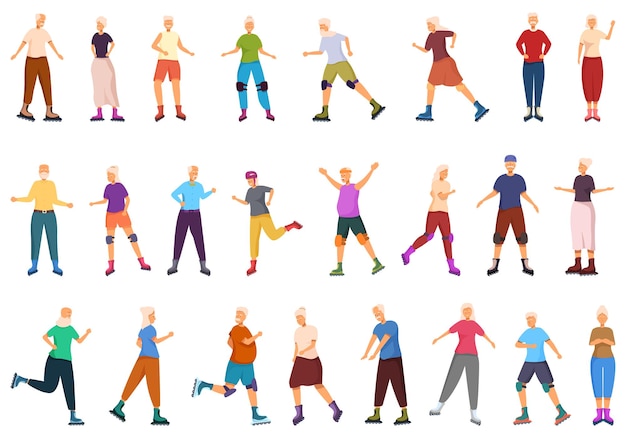 Personas mayores con iconos de patinaje en rollo con vectores de dibujos animados Familia de mujeres