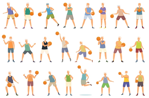 Las personas mayores juegan baloncesto iconos conjunto vector de dibujos animados viejo deporte