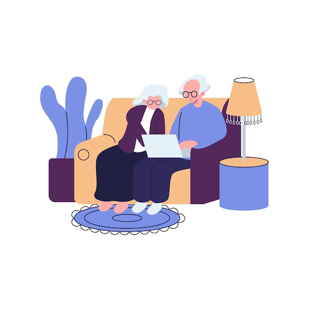 Personas mayores modernas que usan Internet, teléfonos móviles, computadoras, hombres mayores, mujeres, parejas con computadoras portátiles inteligentes, generaciones mayores en línea, ilustración vectorial gráfica plana aislada sobre fondo blanco.