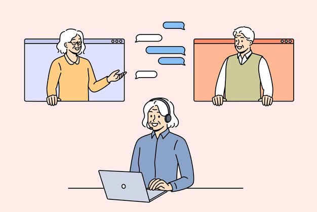 Las personas mayores participan en negociaciones en línea usando portátiles o mirando por las ventanas de la computadora