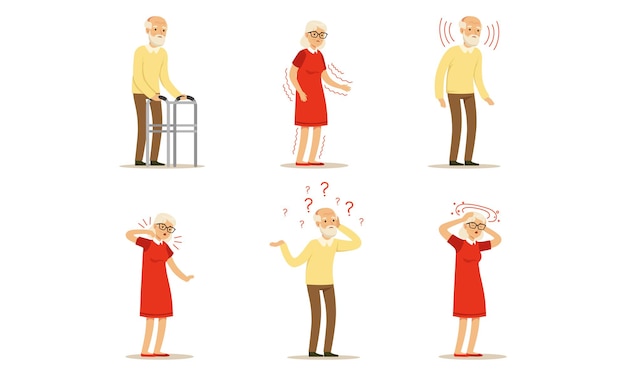 Personas mayores con problemas de salud y un conjunto de ilustraciones de vectores de enfermedades
