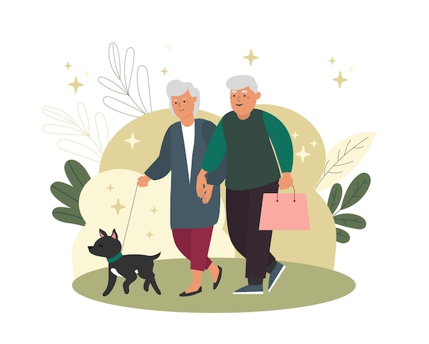 Vector personas mayores que llevan un estilo de vida activo pasan tiempo juntas hombres y mujeres mayores paseando con perros feliz vejez tiempo de ocio con mascotas ilustración plana vectorial en colores verdes