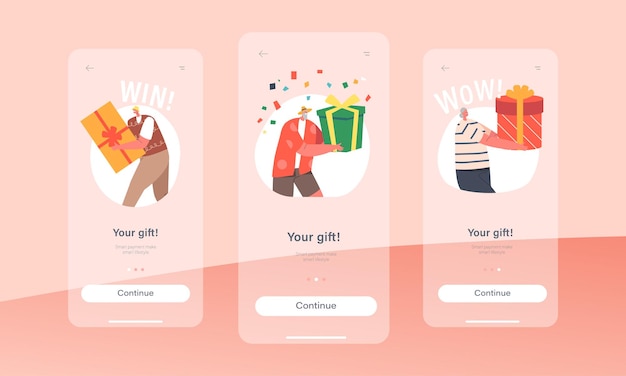 Personas mayores con regalos Página de la aplicación móvil Plantilla de pantalla a bordo Personajes masculinos femeninos antiguos Celebran el bono de vacaciones