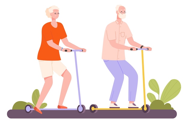 Personas mayores en scooters Feliz anciano y mujer viajando juntos aislados sobre fondo blanco