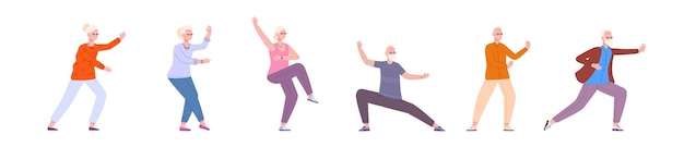 Vector personas mayores tai chi personas jubiladas taichi movimiento activo mañana chino ejercicio diversidad deporte ejercicio flexibilidad cuerpo bienestar ancianos actividad espléndida ilustración vectorial