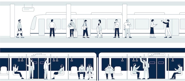 Personas en el metro Estación de tren de cercanías dentro del metro Mujer hombre transporte en metro persona de negocios en transporte público escenas vectoriales recientes