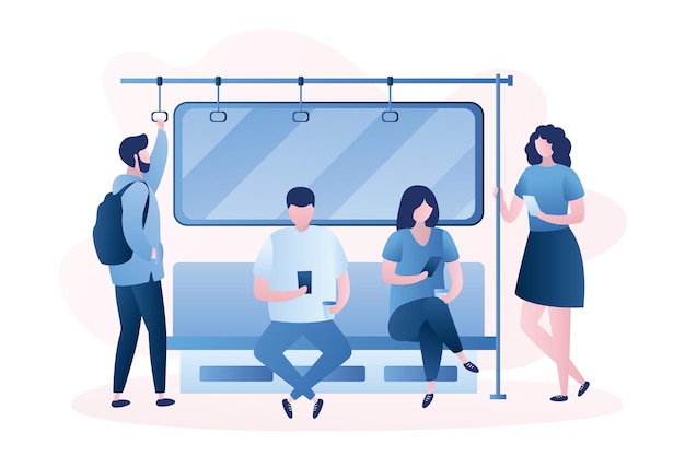 Personas en el metro personajes masculinos y femeninos humanos sentados y parados en vector de metro