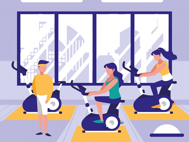 Vector personas montando bicicleta spinning en gimnasio deportivo