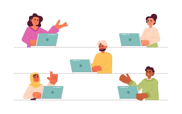 Personas multiculturales que trabajan en computadoras portátiles personajes vectoriales de color semiplano Trabajadores autónomos editables de medio cuerpo en el trabajo en blanco Ilustración simple de dibujos animados para diseño gráfico web