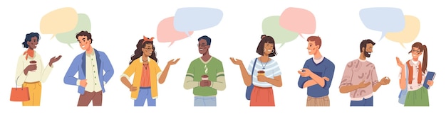 Vector personas multiétnicas establecen cuadro de chat de burbujas de discurso