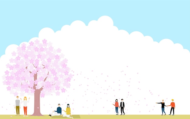 Personas multinacionales viendo flores de cerezo y flores de cerezo.
