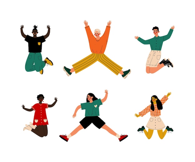 Personas multirraciales felices saltando en el set de aire chicas y chicos con ropa moderna y elegante celebrando el éxito divirtiéndose con ilustraciones vectoriales de dibujos animados