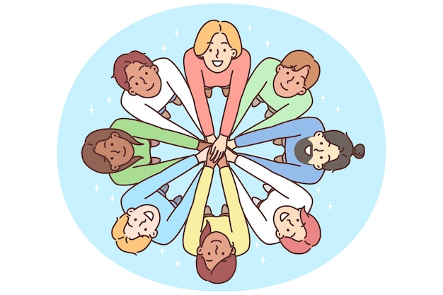 Las personas multirraciales se paran en círculo con las manos extendidas para demostrar amistad
