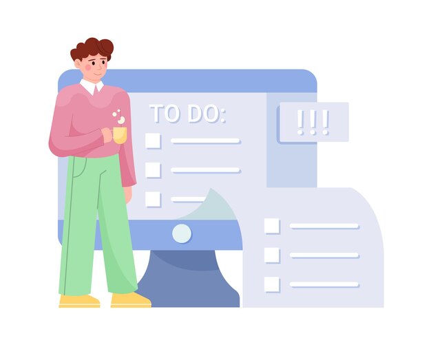Personas multitarea Metáfora de la lista de tareas que abandonan el monitor de la computadora Proceso de gestión del horario de trabajo Estrategia de gestión del tiempo Productividad y eficiencia Ilustración vectorial