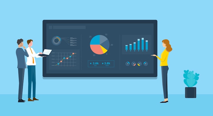 Vector personas de negocios análisis gráfico financiero informe sobre el concepto de tablero de monitoreo
