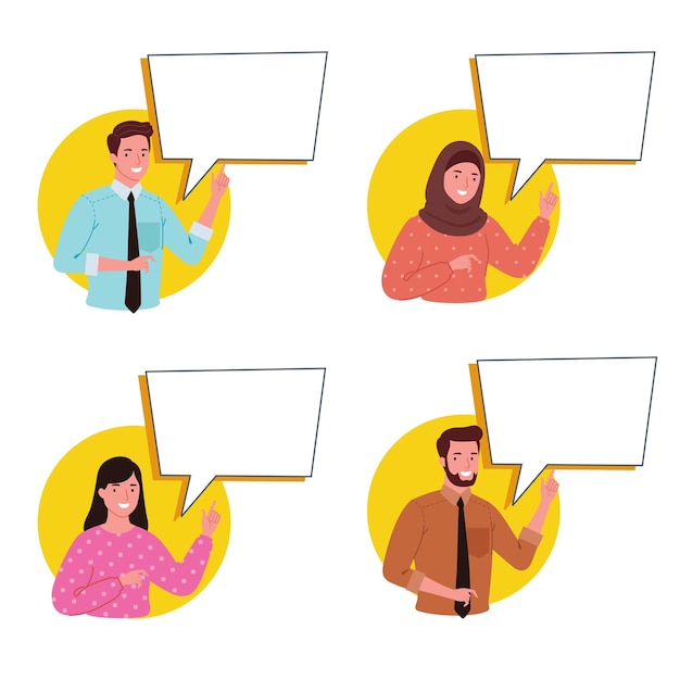 Las personas de negocios de estilo plano de ilustraciones vectoriales brindan información con burbujas de discurso en redes sociales