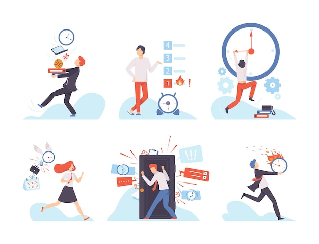Personas de negocios estresadas que trabajan horas extras en el plazo establecido Personas que se sienten estresadas en el trabajo Gestión del tiempo de plazo y planificación empresarial Ilustración de vector plano