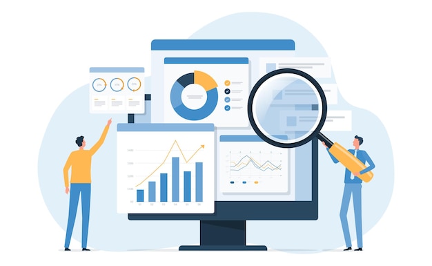 Vector personas de negocios que trabajan para el análisis de datos y la financiación de empresas concepto de diseño de inversión