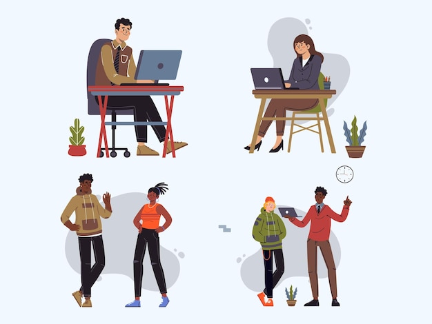 personas de negocios que trabajan en el escritorio de la oficina ilustración vectorial hombre de negocios y mujer de trabajo