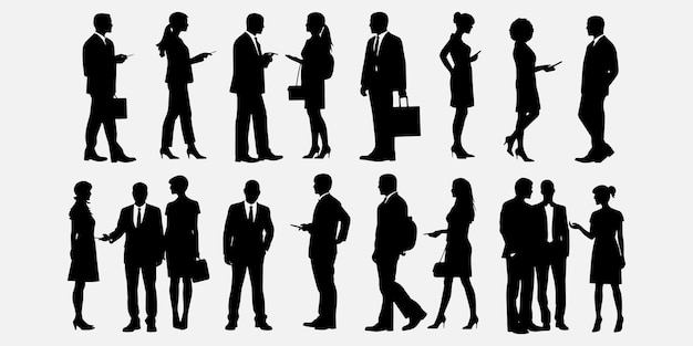 Personas de negocios siluetas conjunto vectorial de poses profesionales e ilustraciones de redes