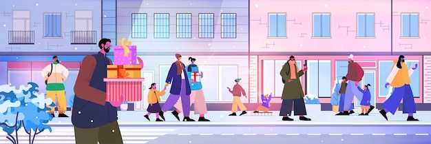 Personas con niños caminando en las calles de la ciudad Navidad año nuevo vacaciones concepto de celebración paisaje de invierno fondo ilustración vectorial horizontal de longitud completa