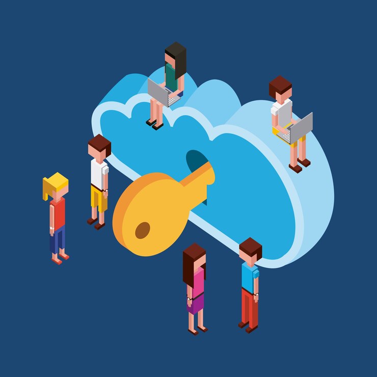 Vector personas en la nube informática almacenamiento clave seguridad isométrica