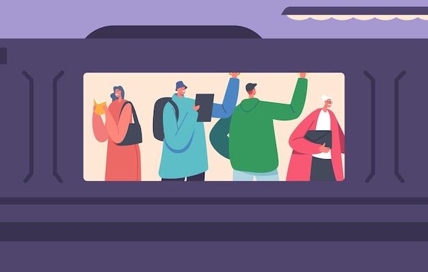 Vector personas o habitantes de la ciudad en metro subterráneo tubo o tren subterráneo hombres y mujeres pasajeros en transporte público