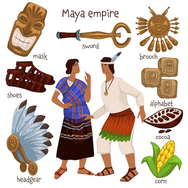 Personas y objetos del período del imperio maya. Hombre y mujer vestidos con ropas tradicionales. Espada dorada y alfabeto, antifaz y zapatos, maíz y cacao, tocados, sombreros nacionales. Vector en estilo plano