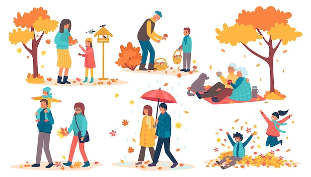 Personas en otoño parque conjunto de ilustraciones