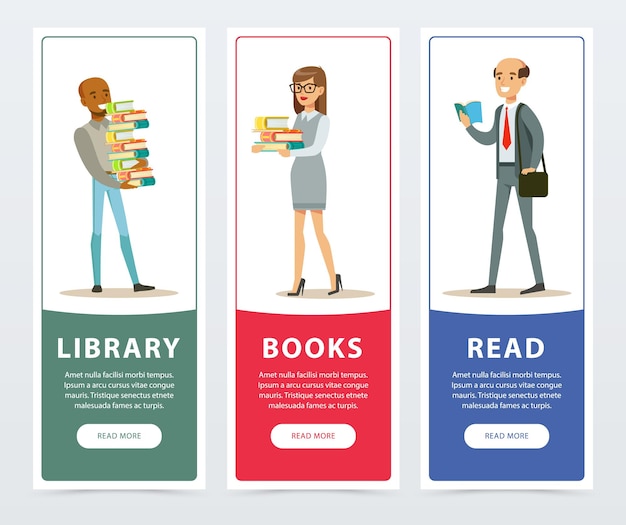 Vector las personas con pancartas de libros establecen libros de biblioteca que leen un elemento de ilustración de vector plano vertical para sitio web o aplicación móvil con texto de muestra