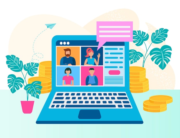Personas en la pantalla de la computadora portátil que entrenan al personal de la reunión web concepto de trabajo en equipo en línea Ilustración de Vecotr