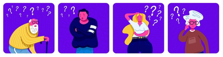 Vector personas pensantes un hombre y una mujer pensativos encuentran una solución exitosa personajes simpáticos una pareja de ancianos y jóvenes reflexivos entienden el problema un hombre inteligente hace una pregunta