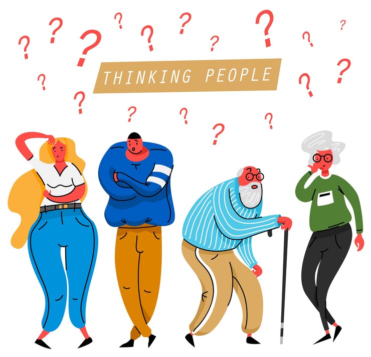 Vector personas pensantes una pareja de ancianos y jóvenes reflexivos entienden el problema una mujer y un hombre pensativos encuentran una solución exitosa personajes lindos ilustración en estilo de dibujos animados el hombre inteligente hace una pregunta