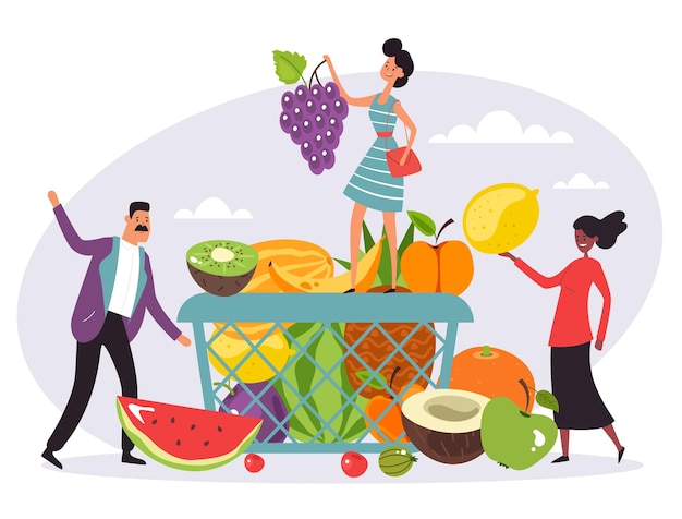 Personas pequeñas con frutas y bayas concepto ilustración de diseño gráfico plano