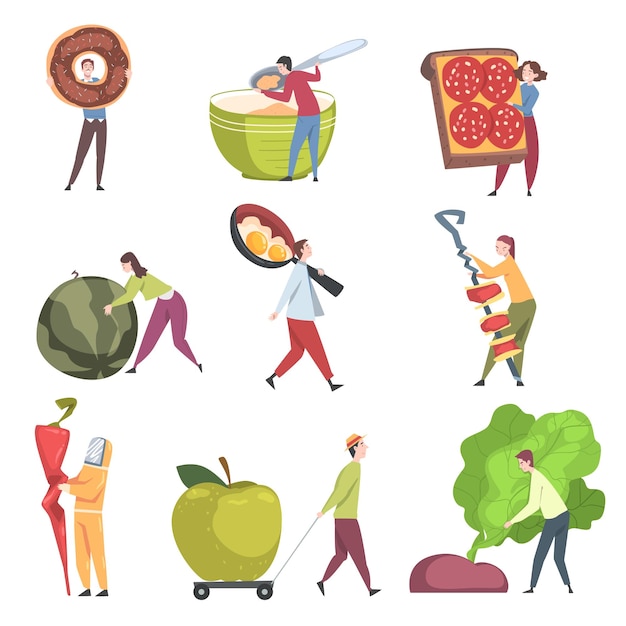 Personas pequeñas que sostienen y llevan alimentos como rosquillas y sándwiches Conjunto de ilustraciones vectoriales