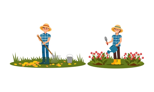 Personas personajes agricultores que trabajan en el conjunto de ilustraciones vectoriales de jardín