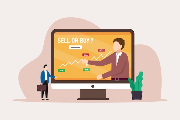Personas Personajes Analizando el mercado de valores y dando consejos al comerciante
