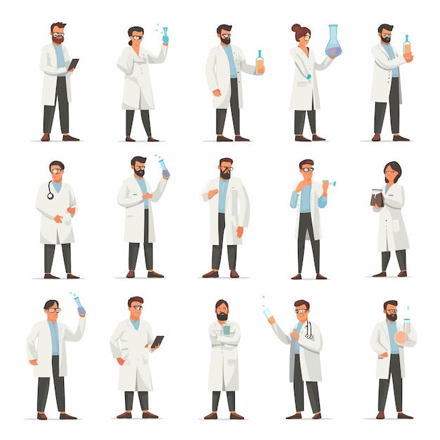 Vector personas y personajes científicos en túnica blanca