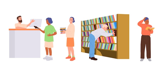 Personas personajes de dibujos animados eligiendo libros para estudiar y preparándose para un examen en la biblioteca