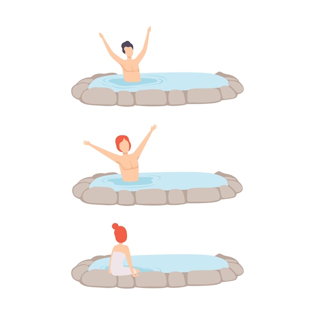 Personas personajes disfrutando de aguas termales al aire libre relajándose en el conjunto vectorial de agua caliente