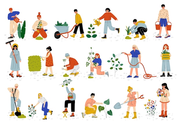 Personas personajes jardinería cultivo del suelo y plantas gran conjunto vectorial