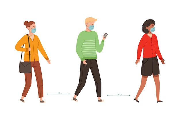 Personas personajes con máscaras médicas caminando con ilustración vectorial de distancia social