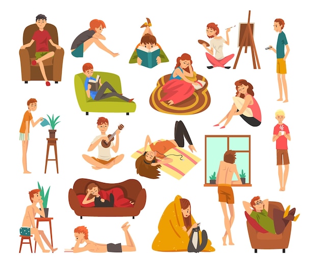 Personas Personajes que pasan el fin de semana quedándose en casa involucrados en diferentes actividades Conjunto vectorial grande