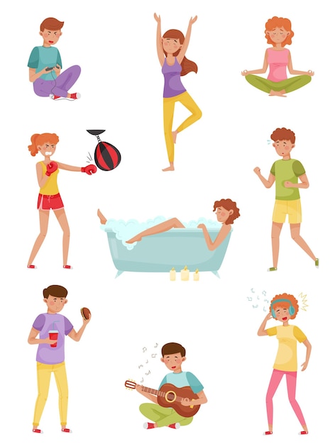 Personas Personas que reducen el estrés mediante diferentes actividades como tocar la guitarra y escuchar música Conjunto de ilustraciones vectoriales